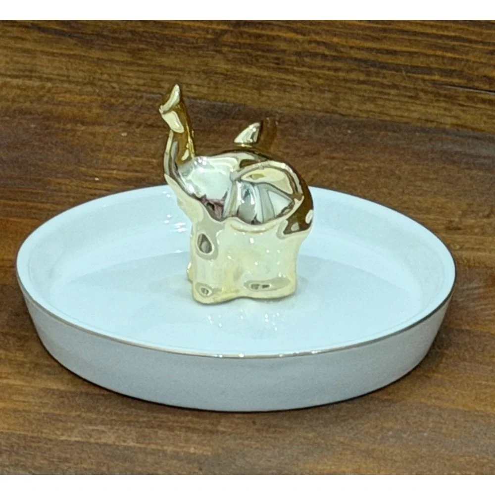 Elephant Jewelry Box and Trinket Dish Ring Holder White With Metallic Gold Set 2